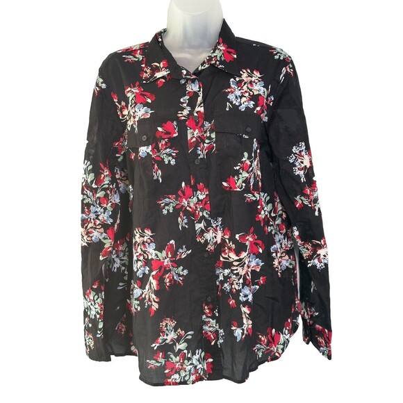 Lauren Ralph Lauren Blouse Size Large Floral Button Down Cotton Semi-Sheer Top - Picture 1 of 11